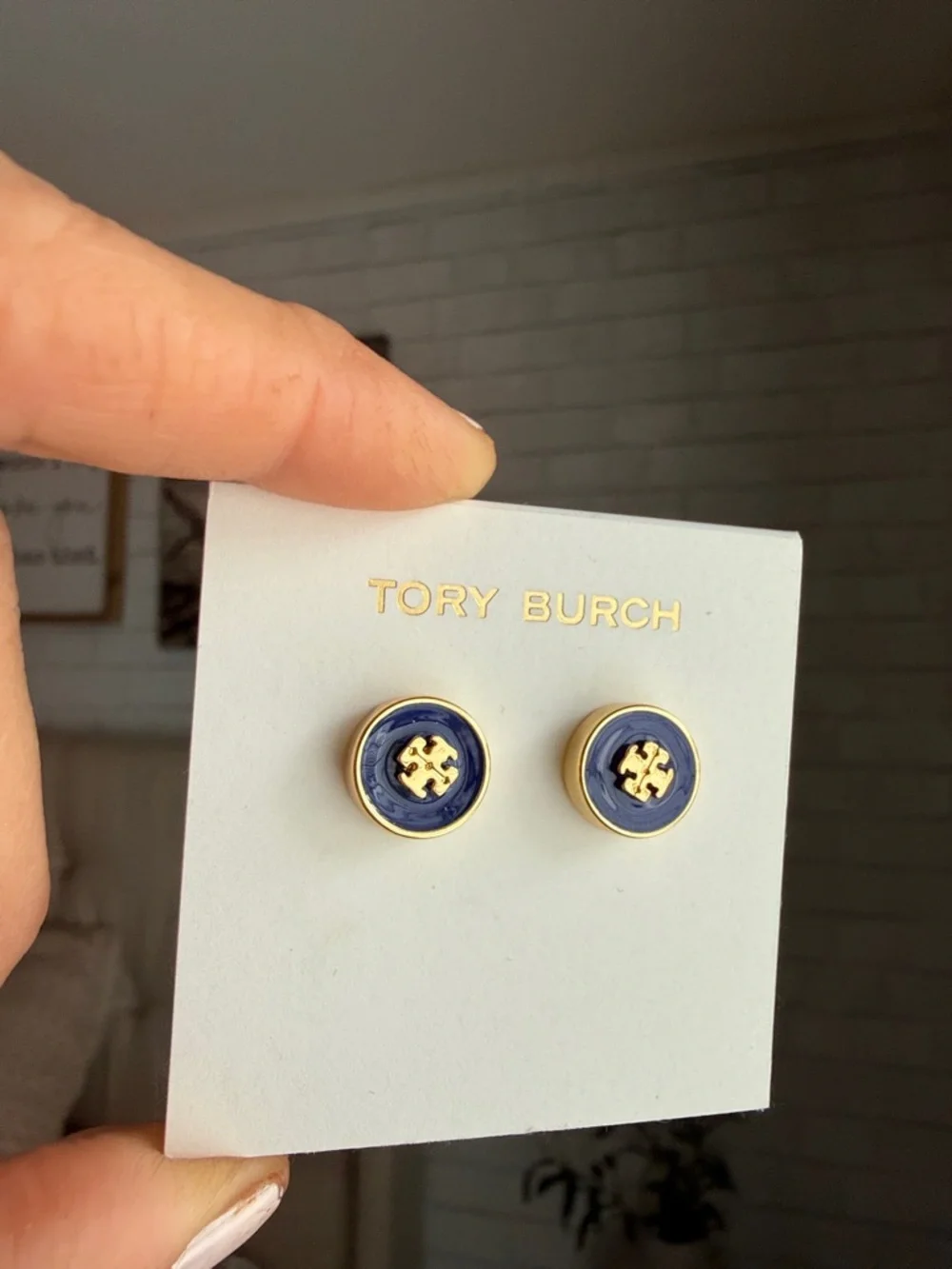 Tory Burch Navy and Gold Round Logo Stud Earrings - Picture 4 of 5